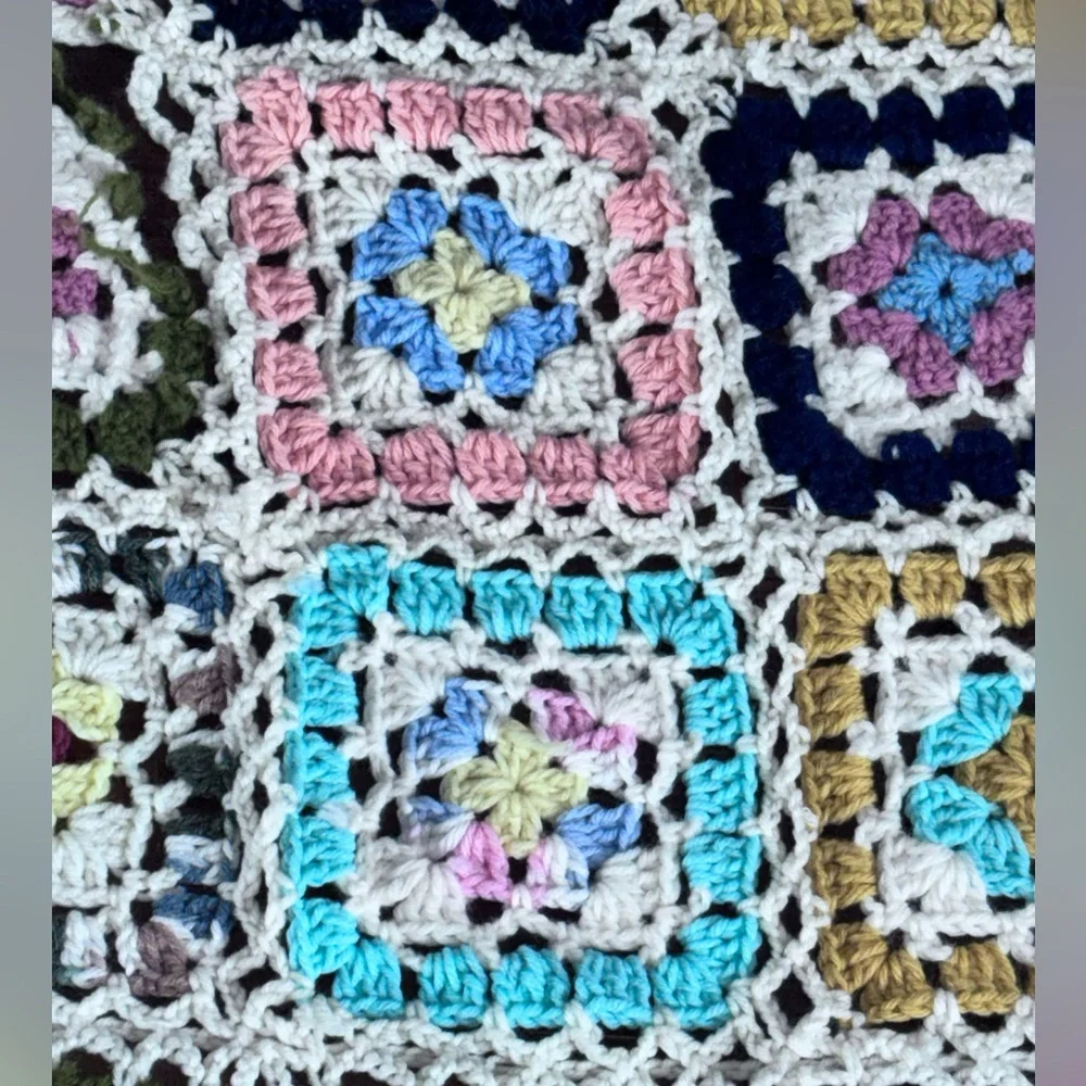Afghan Blanket Throw Handmade Granny Squares Colorful Hand Crocheted 75 X 50”